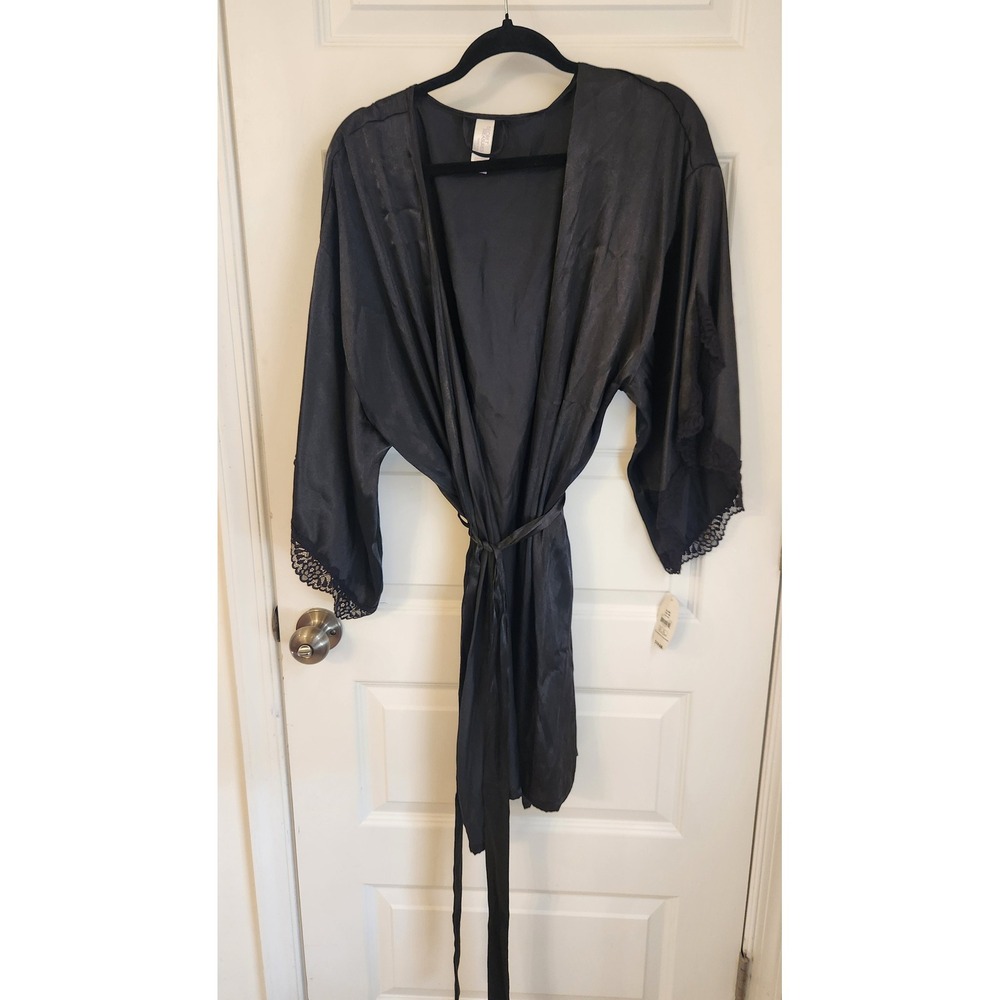 Secret Treasures Black Satin Robe Lace Trim XL 16-18 Sleepwear NWT